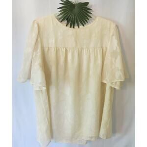 FLORAL OVERLAY Top Flutter Sleeves Size L Women Short Sleeve Lined Cream Boho